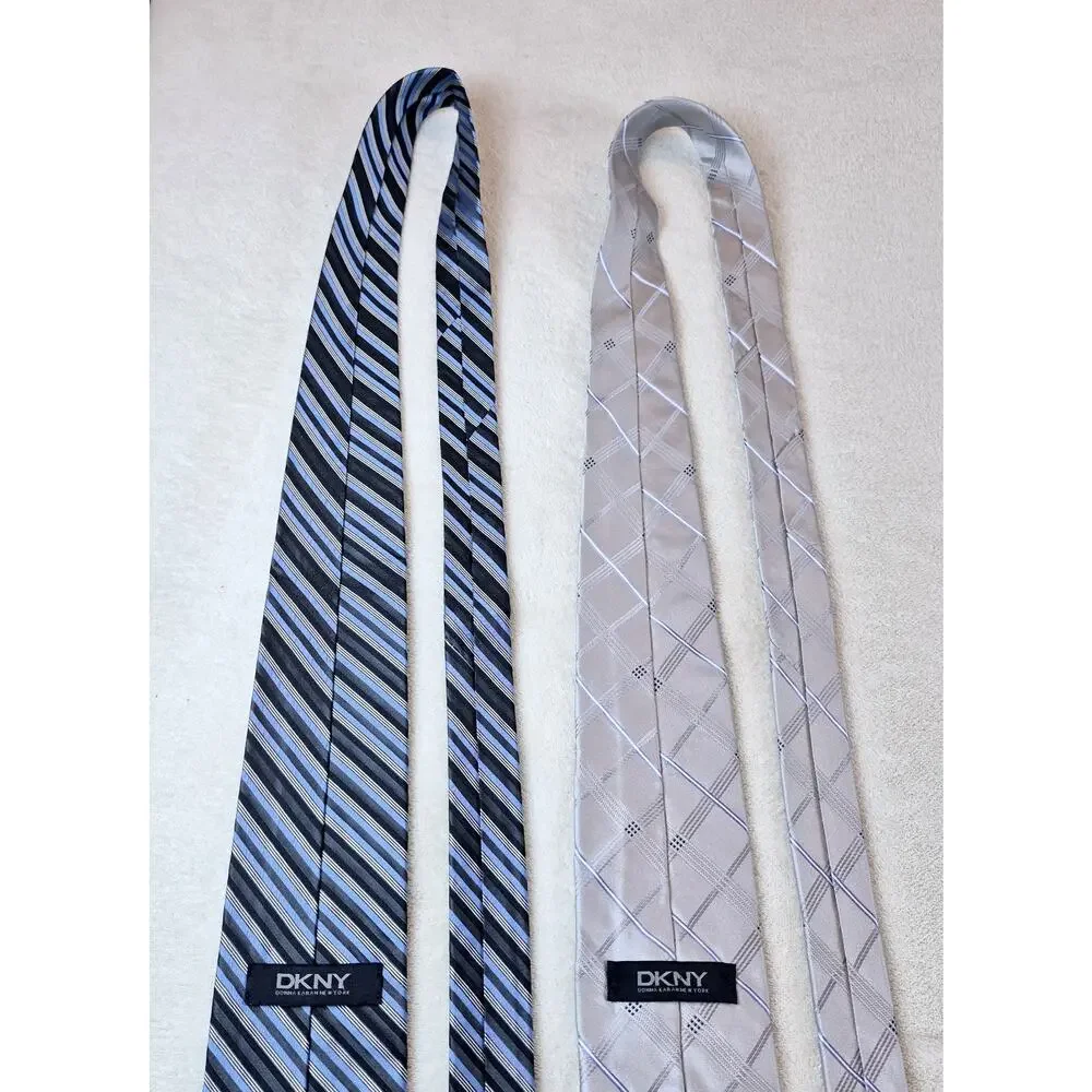 Lot of 2 DKNY Donna Karan Designer Striped Blue & Gray 100% Silk Neckties